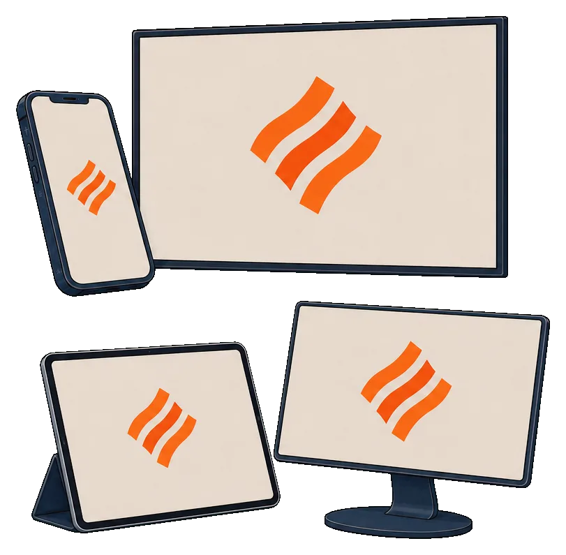 Illustration of four screens (a floating phone, a tablet on a folio stand, a touchscreen desktop monitor and a wall-mounted display) all showing the same orange Bulk mark at the same moment