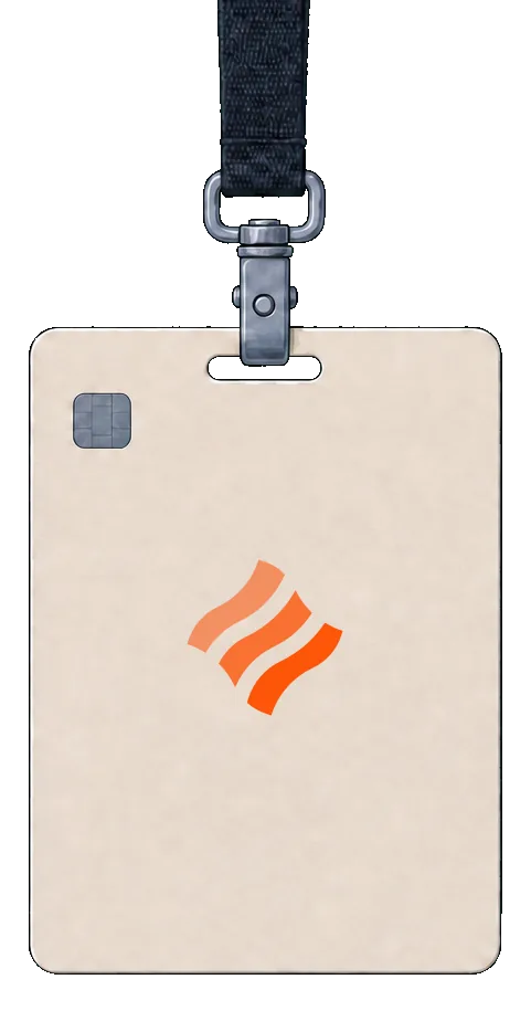 Illustration of a single employee ID badge hanging flat on a lanyard, its otherwise blank face carrying only the orange Bulk mark and a small steel-blue smart-card chip
