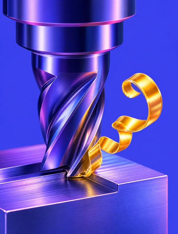 Close-up of a milling cutter biting into a metal block, swarf curling away