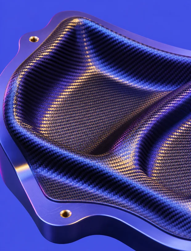 A moulded carbon-fibre panel, its woven twill following the curves of the part