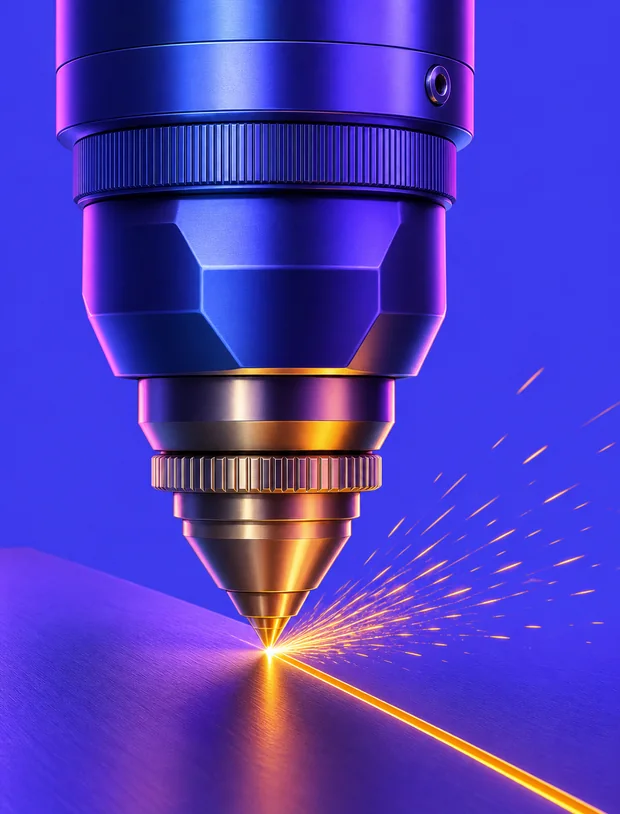 Close-up of a laser cutting head slicing sheet metal, sparks fanning from the kerf