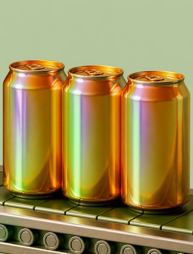 Three sealed drink cans standing together on a conveyor belt