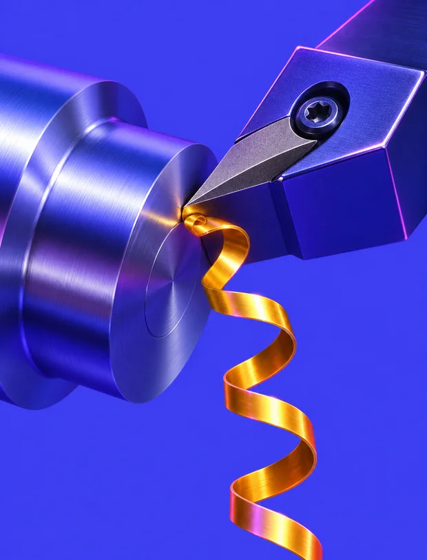 Close-up of a lathe turning steel with a long chip curling from the tool