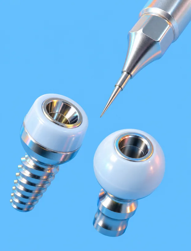Two polished titanium implants beside the fine tip of a precision instrument