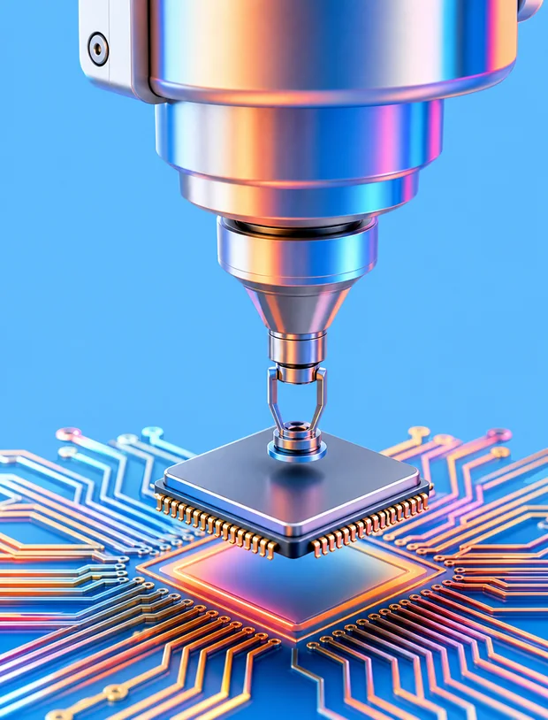 Close-up of a pick-and-place nozzle setting a microchip onto a circuit board