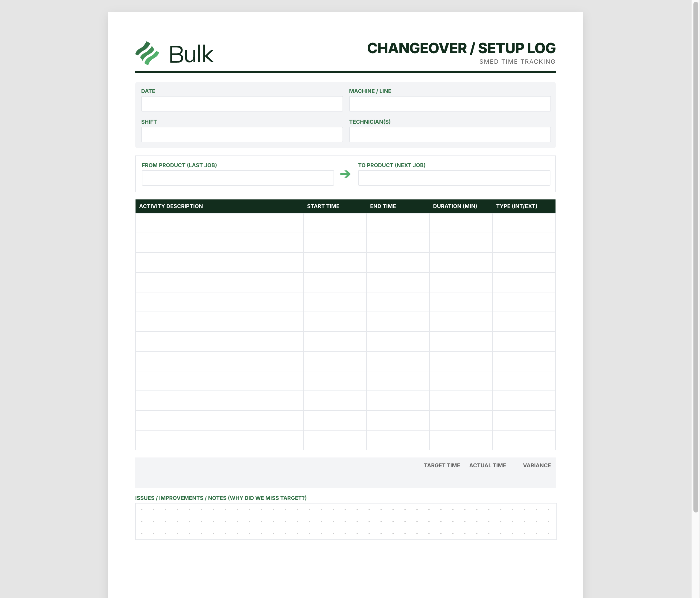 Equipment Changeover Log Preview