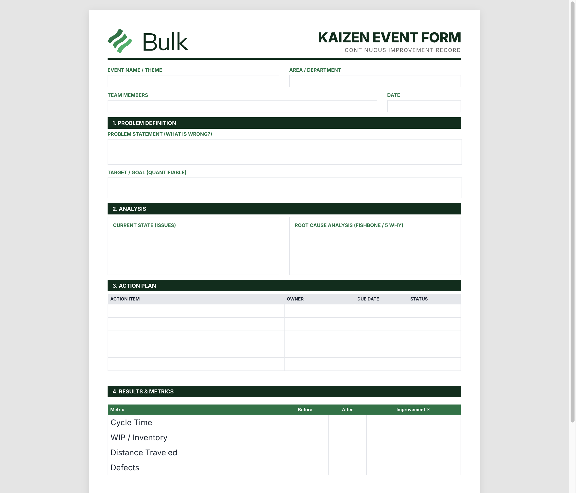Kaizen Event Planning Form Preview