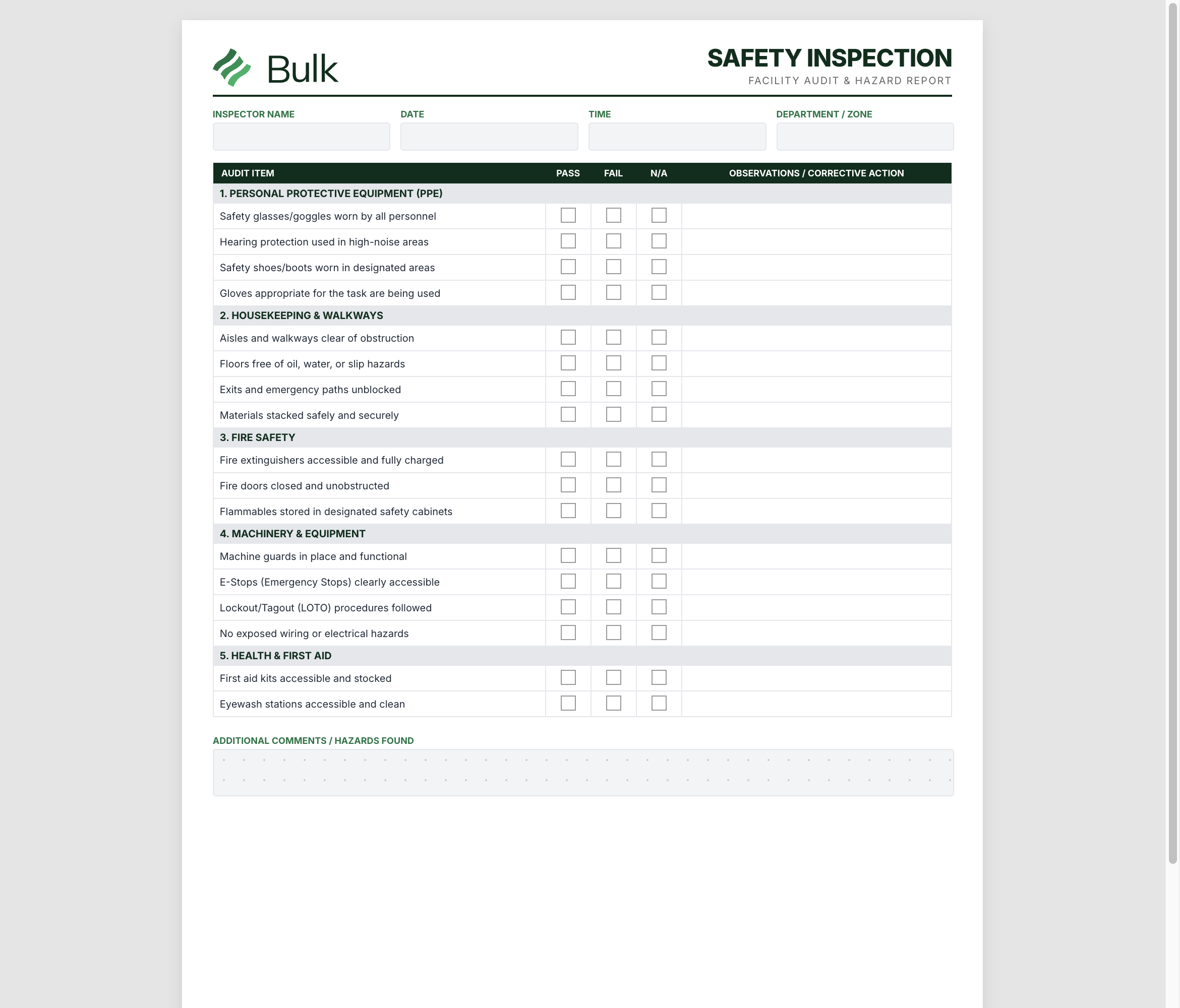 Safety Inspection Form Preview